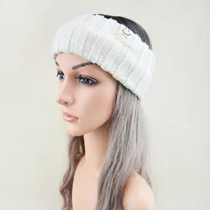 Close-up detail of the cozy ribbed knit headband showing the cute smiley face label.