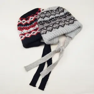 Damen Rautenmuster Jacquard Strickmütze Mit Lanyard Ohrenklappen Winter Warm Kontrastfarbe Pullover Wollmütze