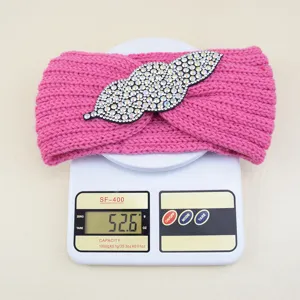 Pink knitted crystal leaf headband, wide hair band for yoga, face washing and daily styling.