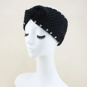 Schwarzes Strick-Stirnband mit Strass, modisches Haaraccessoire, warmer Winter-Haarreif.