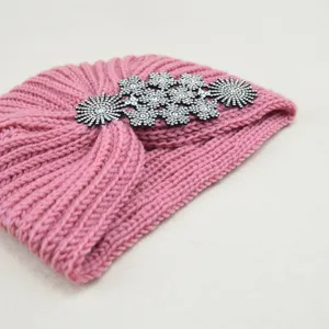 Pink rhinestone knitted turban hat, winter warm cozy beanie with sparkling crystal flower details.