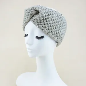 Graues gestricktes Strass-Knoten-Stirnband, Winter warm Ohrenschuetzer Yoga Haarband.