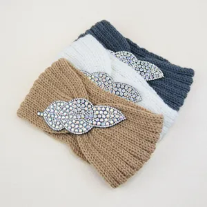 Knitted rhinestone leaf headband set, stylish elastic hair band for yoga and daily wear.