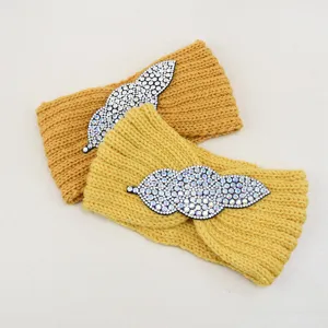 Yellow knitted rhinestone leaf headband, stylish wool hair band for yoga and daily wear.