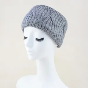 Close-up detail view of grey knit headband featuring metallic silver threads and texture.