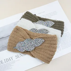 Knitted rhinestone leaf headband crystal winter warm hair band retro fashion hair accessory