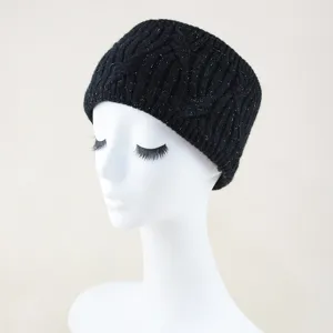 Black knitted winter headband with sparkling silver threads, fleece lined warm ear warmer hair accessory.