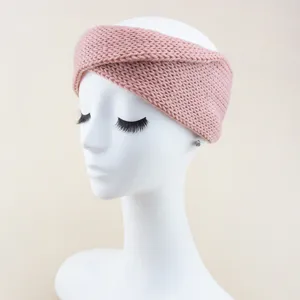 Rosa Strick Stirnband mit Knoten, breites Ohrenschuetzer Haarband fuer Yoga und Sport.