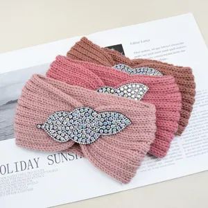 Knitted rhinestone leaf headband winter warm hair band fashion accessories yoga face wash.