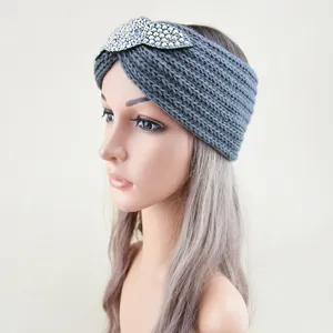 Grey knitted headband with rhinestone leaf detail, comfortable elastic hair accessory for daily.