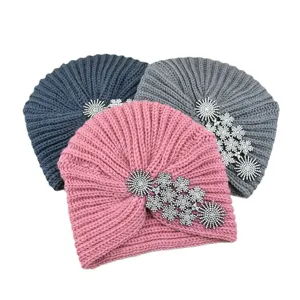 Women winter knitted rhinestone turban hat warm cozy retro beanie cap headwear stylish