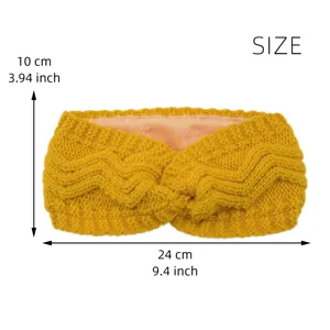 Detailed view of the yellow knitted fleece-lined headband showing dimensions: 10x24 cm.