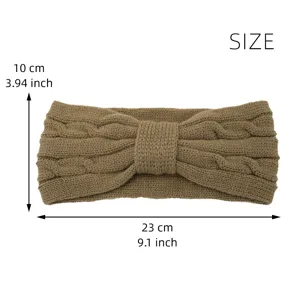 Detail view of the brown knitted cable pattern headband showing dimensions and texture clearly.