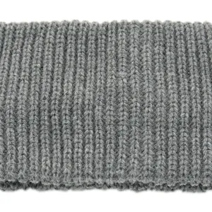Close-up view of grey knitted headband detail showing soft wool texture and vertical ribbing.