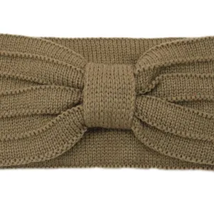 Close-up detail of the stylish khaki knitted bow hairband showing texture and fine pattern design.