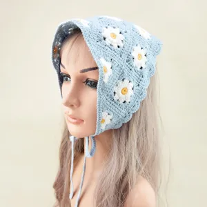 Handgemaakt gehaakt bloemen driehoek hoofddoek blauwe madeliefje haarband muts