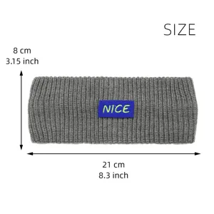 Grey knitted headband with NICE embroidery, soft wool winter ear warmer, size 21x8cm.