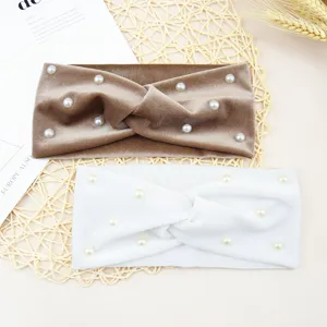 Samt Perlen Stirnband Kreuzung breites Haarband Damen Mode Make-up Yoga Haarschmuck