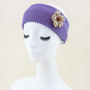 Purple knit headband featuring a cute plaid flower detail, cozy and warm for everyday wear.