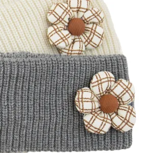 Knitted striped headband with cute plaid flower warm winter hair accessory for women and girls.