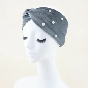 Samt Twist Haarreif Detail, graues breites Haarband mit Perlen für Damen Alltag Yoga Gesicht waschen.