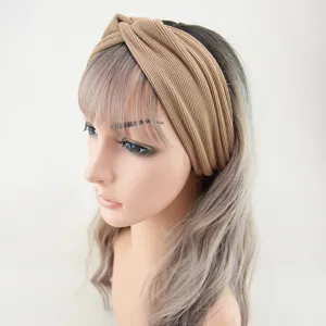 Khaki ribbed twist headband for women, wide elastic yoga hair band, daily sports hair accessory.