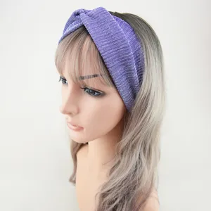 Purple sparkly metallic vertical stripe crisscross wide headband for women yoga sports hair wrap.