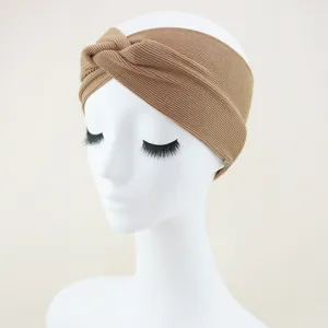 Khaki ribbed twist headband for women, elastic yoga sports hair band and wide face washing accessory