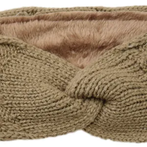 Knitted headband detail shot showcasing the soft wool texture, twisted design and cozy fleece lining.