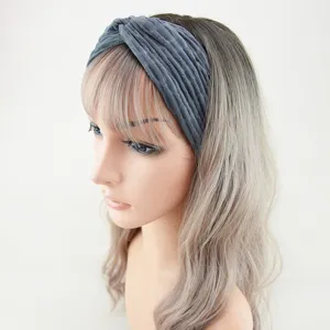 Close-up detail of grey twisted wide headband for sports, yoga, and daily comfortable wear.