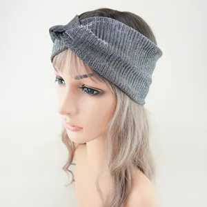 Silver metallic knit twist headband detail, stretchy wide hair accessory for sports and daily wear.