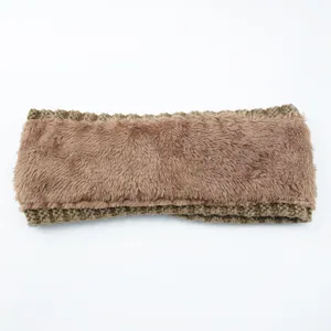 Brown plush knitted detail view showing soft texture and cozy winter ear warmer headband design.