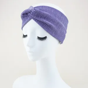 Sparkling purple knitted twist headband detail view, elastic wide hair band for sports and yoga.