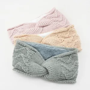 Knitted fleece-lined cross headband winter warm thick wool hair band set of three colors.