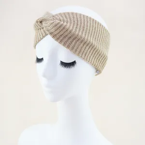 Cinta de pelo de punto beige con nudo, diadema elástica ancha para yoga, deportes y lavado facial.