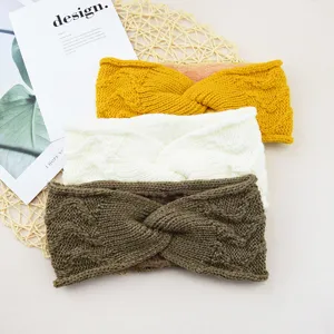 Thick knit fleece lined cross headband winter warm ear protection solid color hair band