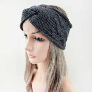 Dark grey knitted twist headband, thick wool winter warm ear protection hair band.