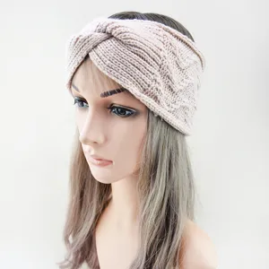 Knitted ear warmer headband detail view, cozy winter fleece-lined twist design accessory.