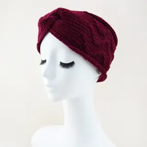 Wine red knitted headband, cable knit winter warm ear warmer, thick fleece headband.