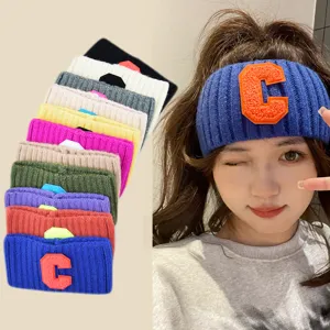 Fascia per Capelli in Lana a Maglia Y2K per Donna Fascia Larga Lettera C Contrasto Colore Righe Lavaggio Viso Copricapo Retro Stile Coreano Accessori per Capelli