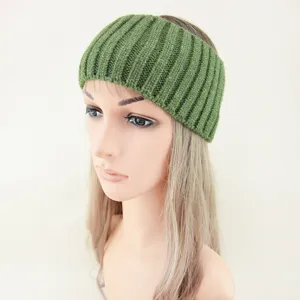 Detailed shot of a green knitted headband with vertical ribbed texture, soft and comfortable.