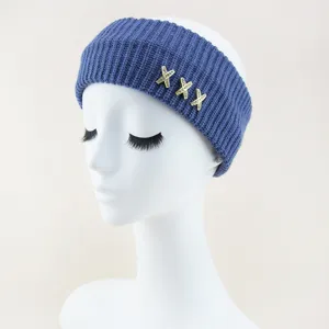 Fascia per capelli in maglia blu per donne, cerchietto largo con ciondoli di cristallo X brillanti.