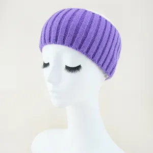 Purple knitted ribbed wide hairband, solid color wool headband for face washing daily wear.