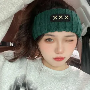 Dark green knitted hair band with stylish black embroidery, warm wide fleece headband.
