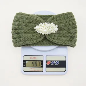 Bandeau tricoté vert perle hiver chaud accessoire cheveux, bandeau élastique élégant femme