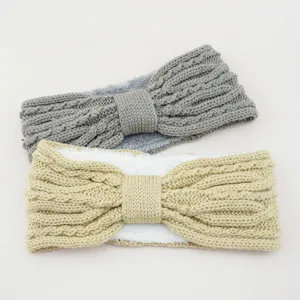 Knit fleece lined winter headband cozy thermal ear warmer bow hair accessory gray khaki