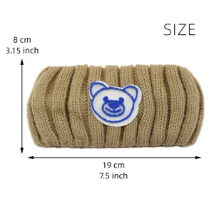 Brown knit headband with cute embroidered bear patch, warm winter hair accessory for women.