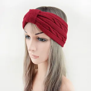 Red knitted headband for women winter warm cable knit hair band elastic twist turban wrap