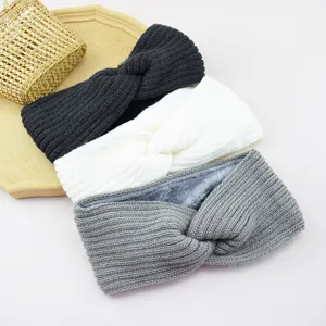 Knitted cross headband with warm plush lining, winter thick wool ear warmer hair accessory.