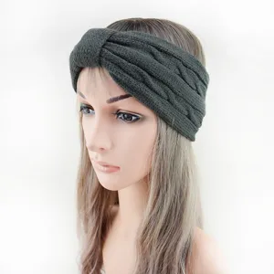 Knit headband detail view, dark grey cable knit twist hair accessory for women warm winter.